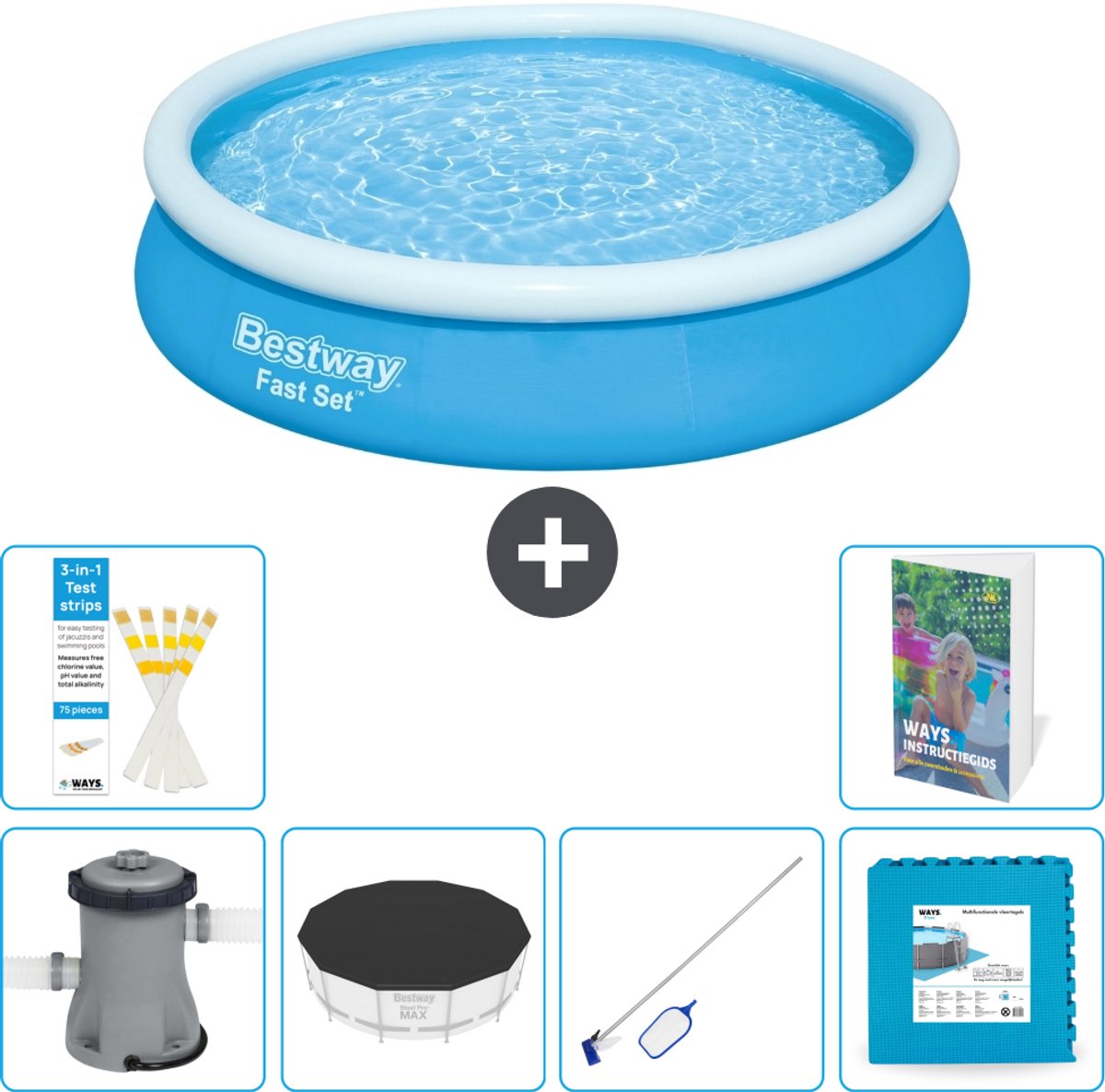 Bestway Rond Opblaasbaar Fast Set Zwembad - 366 x 76 cm - Blauw - Inclusief Pomp - Afdekzeil - Schoonmaakset - Vloertegels - 7-delig