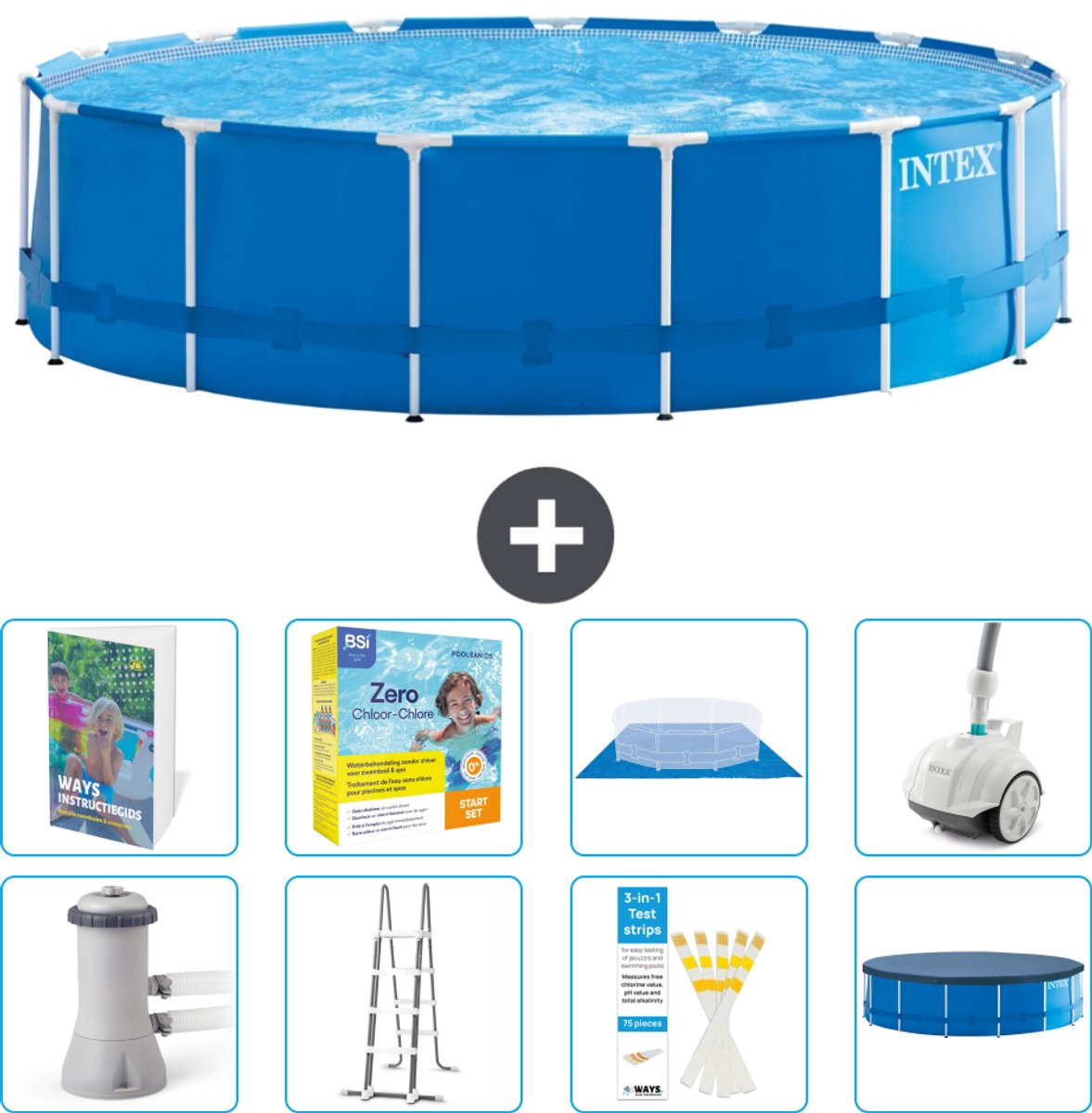 Intex Rond Frame Zwembad - 457 x 122 cm - Blauw - Inclusief Pomp - Ladder - Grondzeil - Afdekzeil - Onderhoudspakket - Stofzuiger - 9-delig