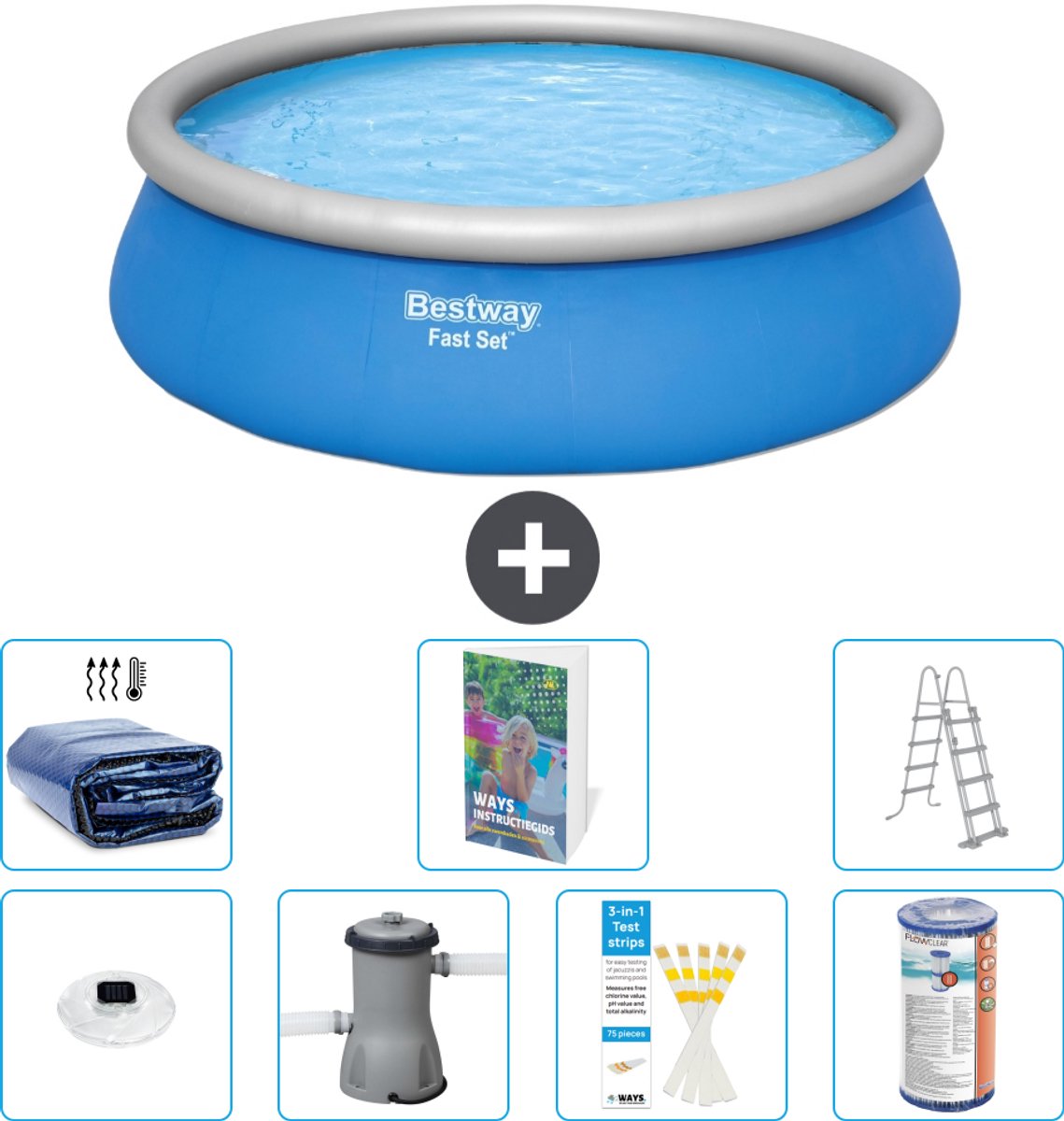 Bestway Rond Opblaasbaar Fast Set Zwembad - 457 x 122 cm - Blauw - Inclusief Pomp - Ladder - Filter - Solarzeil - Verlichting - 8-delig