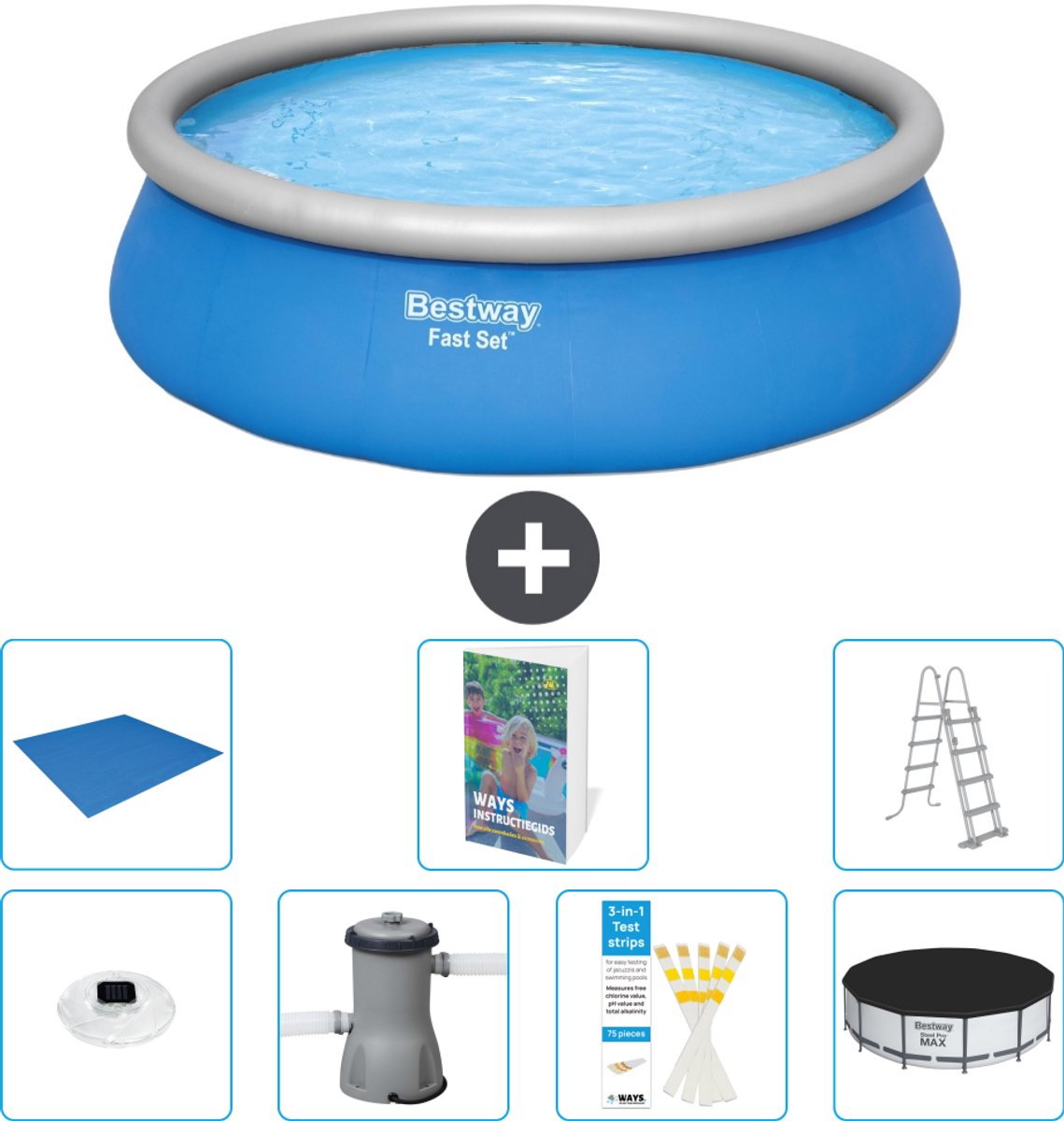 Bestway Rond Opblaasbaar Fast Set Zwembad - 457 x 122 cm - Blauw - Inclusief Pomp - Ladder - Afdekzeil - Grondzeil - Verlichting - 8-delig