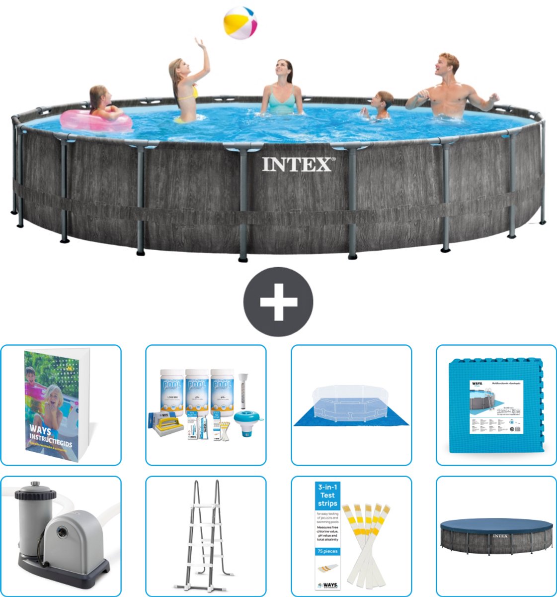 Intex Rond Prism Frame Greywood Zwembad - 549 x 122 cm - Inclusief Pomp - Ladder - Grondzeil - Afdekzeil - Onderhoudspakket - Vloertegels - 9-delig