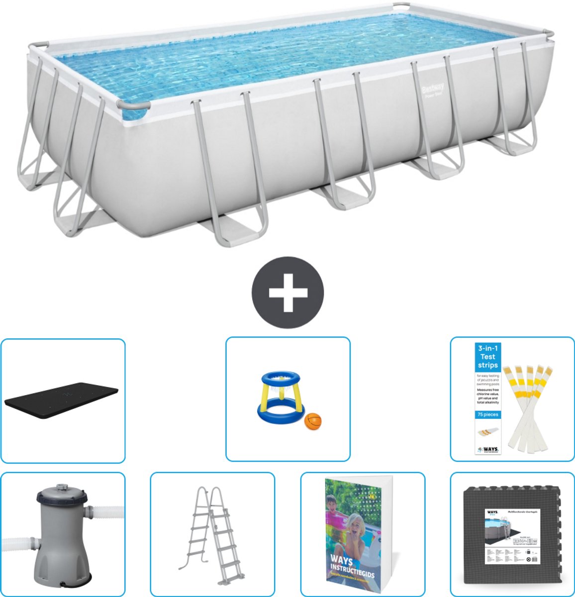 Bestway Rechthoekig Power Steel Zwembad - 488 x 244 x 122 - Grijs Inclusief Pomp - Ladder - Afdekzeil - Speelgoed - Vloertegels - 8-delig