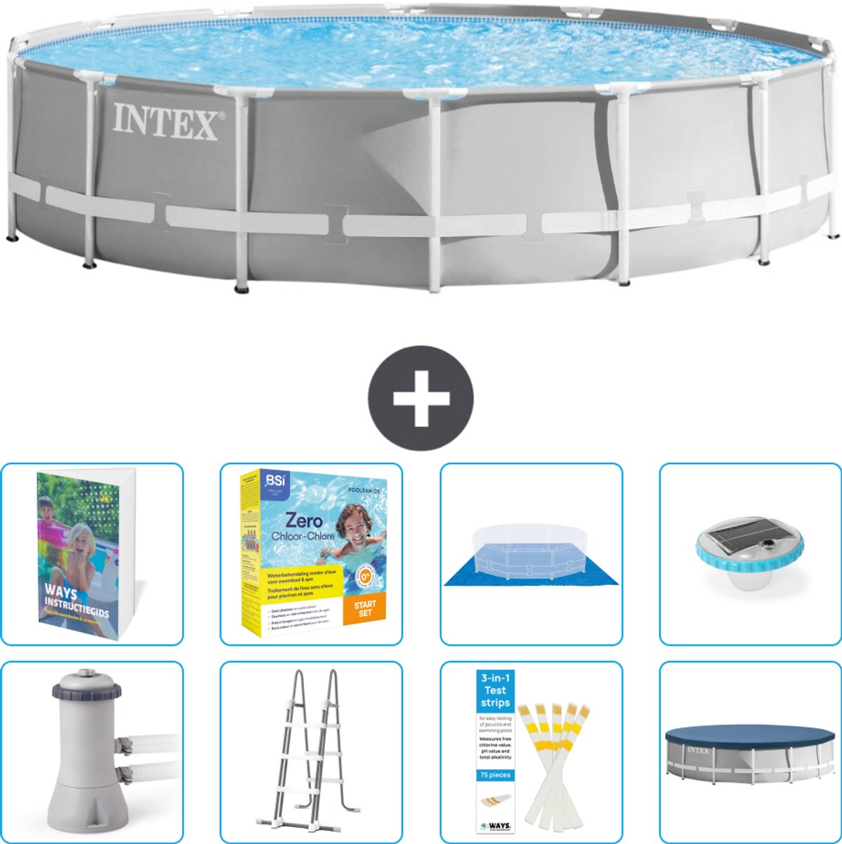 Intex Rond Prism Frame Zwembad - 427 x 107 cm - Grijs - Inclusief Pomp - Ladder - Grondzeil - Afdekzeil - Onderhoudspakket - Verlichting - 9-delig