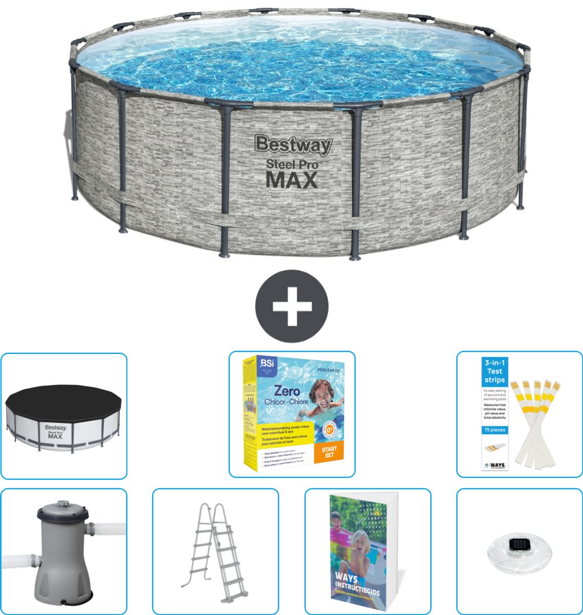 Bestway Rond Steel Pro MAX Zwembad - Steenprint - 427 x 122 cm - Inclusief Pomp - Ladder - Afdekzeil - Onderhoudspakket - Verlichting - 8-delig