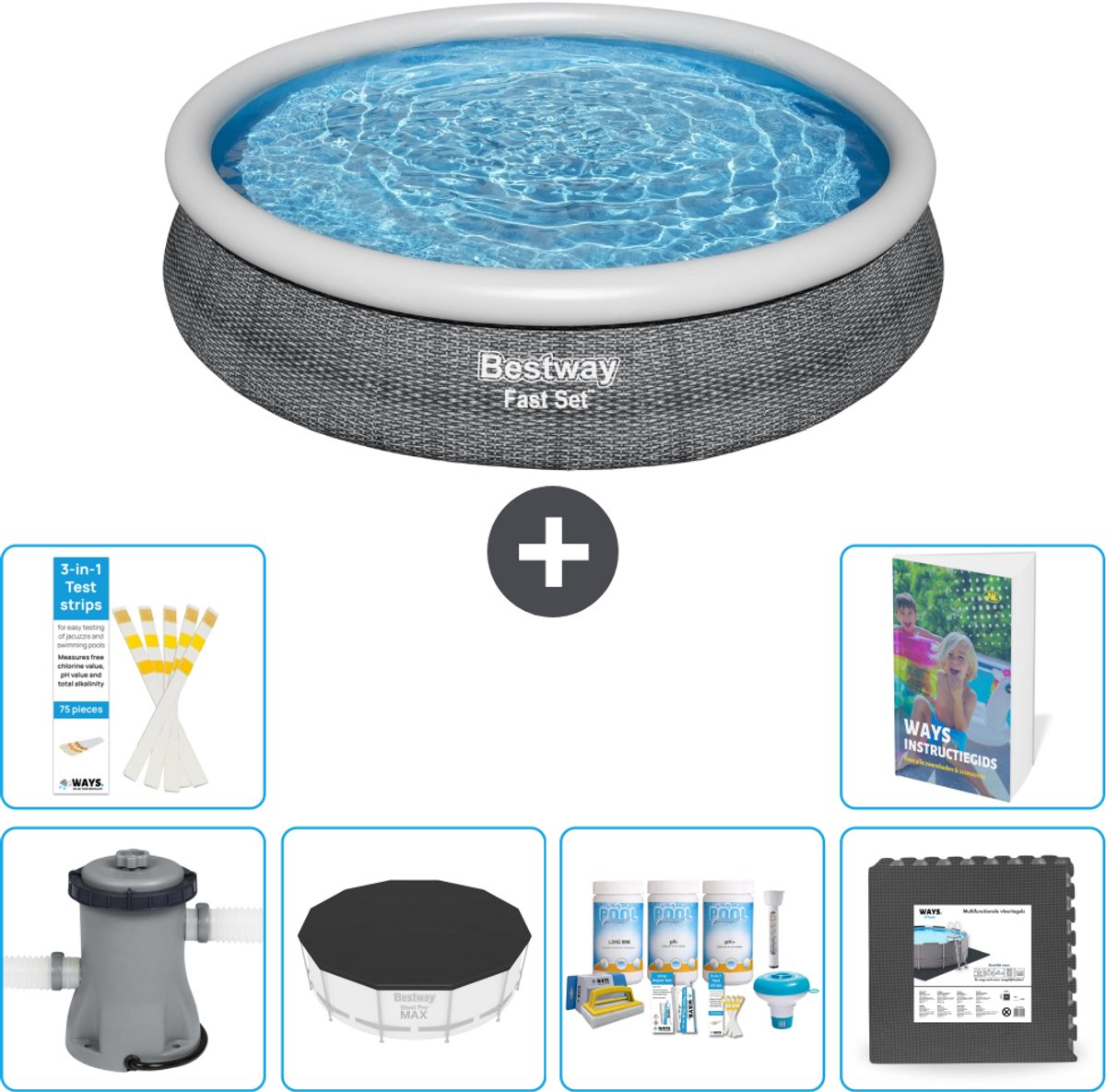Bestway Rond Opblaasbaar Fast Set Zwembad - Rotanprint - 366 x 76 cm - Inclusief Pomp - Afdekzeil - Onderhoudspakket - Vloertegels - 7-delig