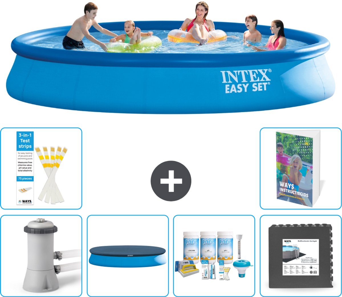Intex Rond Opblaasbaar Easy Set Zwembad - 457 x 84 cm - Blauw - Inclusief Pomp - Afdekzeil - Onderhoudspakket - Vloertegels - 7-delig