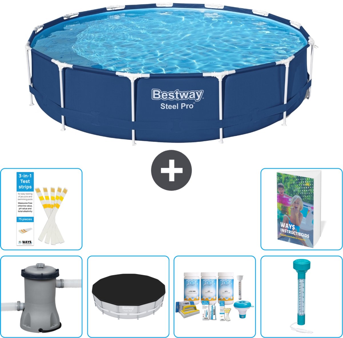 Bestway Rond Steel Pro Zwembad - 396 x 84 cm - Blauw - Inclusief Pomp - Afdekzeil - Onderhoudspakket - Thermometer - 7-delig
