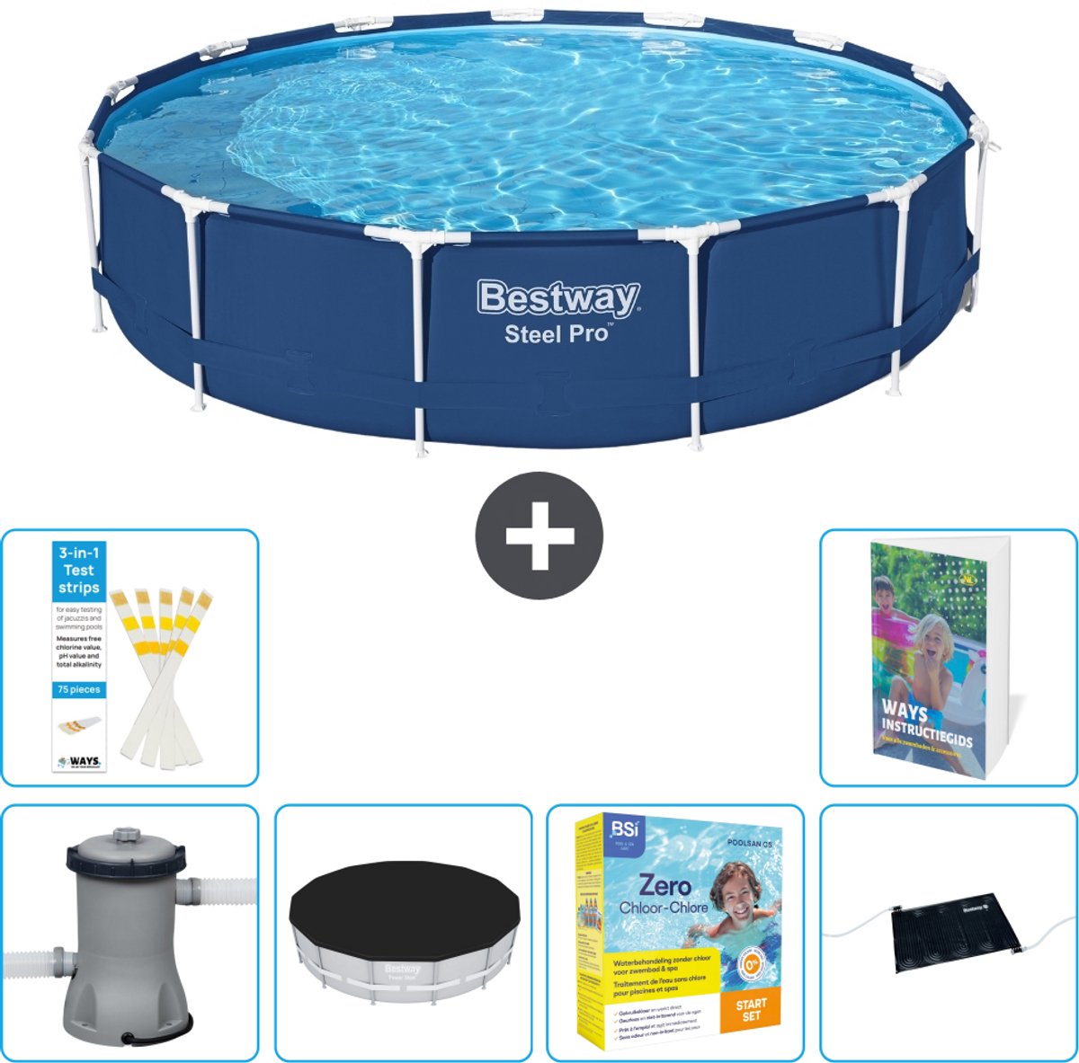 Bestway Rond Steel Pro Zwembad - 396 x 84 cm - Blauw - Inclusief Pomp - Afdekzeil - Onderhoudspakket - Solar Mat - 7-delig