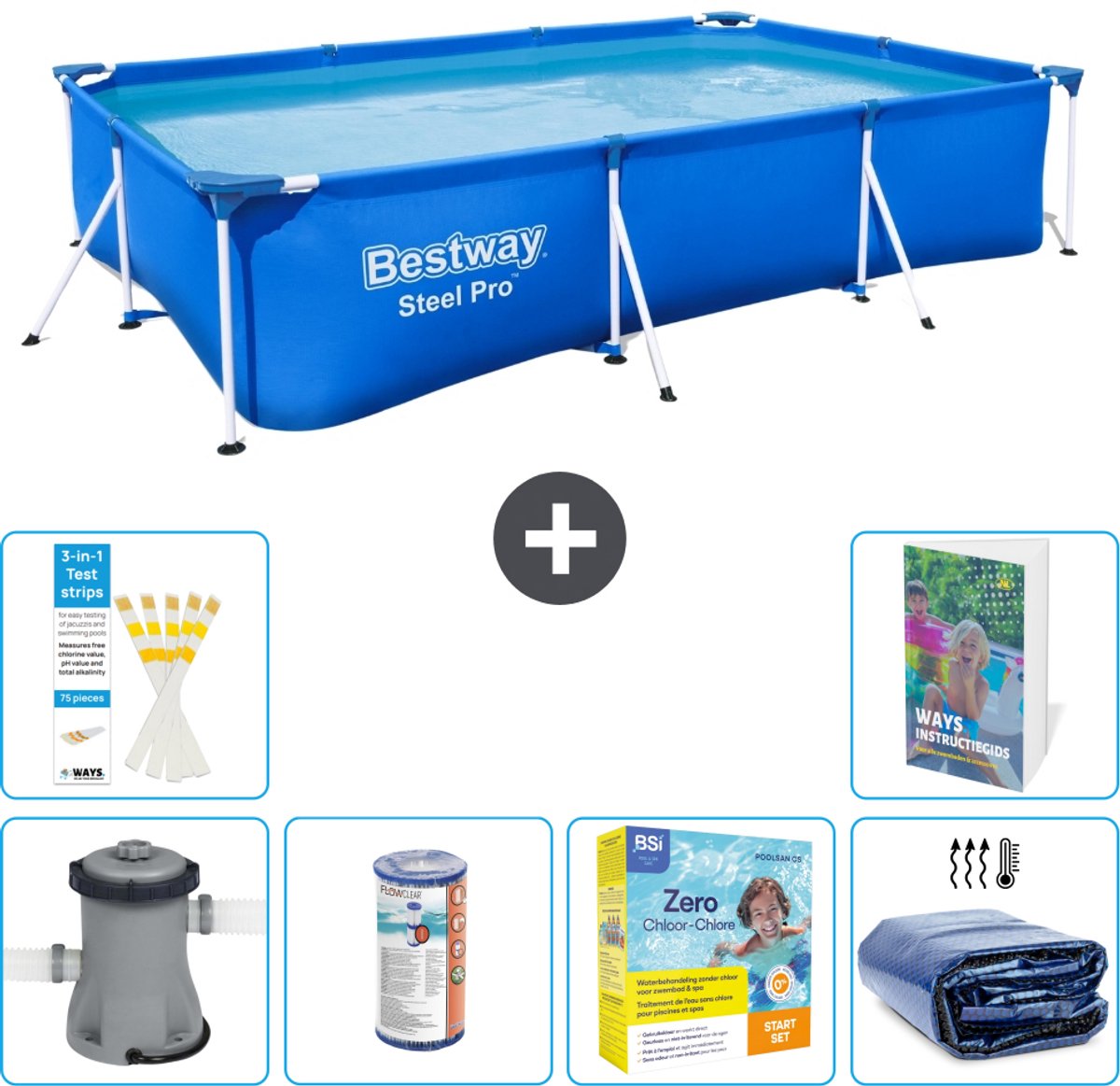 Bestway Rechthoekig Steel Pro Zwembad - 300 x 201 x 66 cm - Blauw - Inclusief Pomp - Filter - Onderhoudspakket - Solarzeil - 7-delig