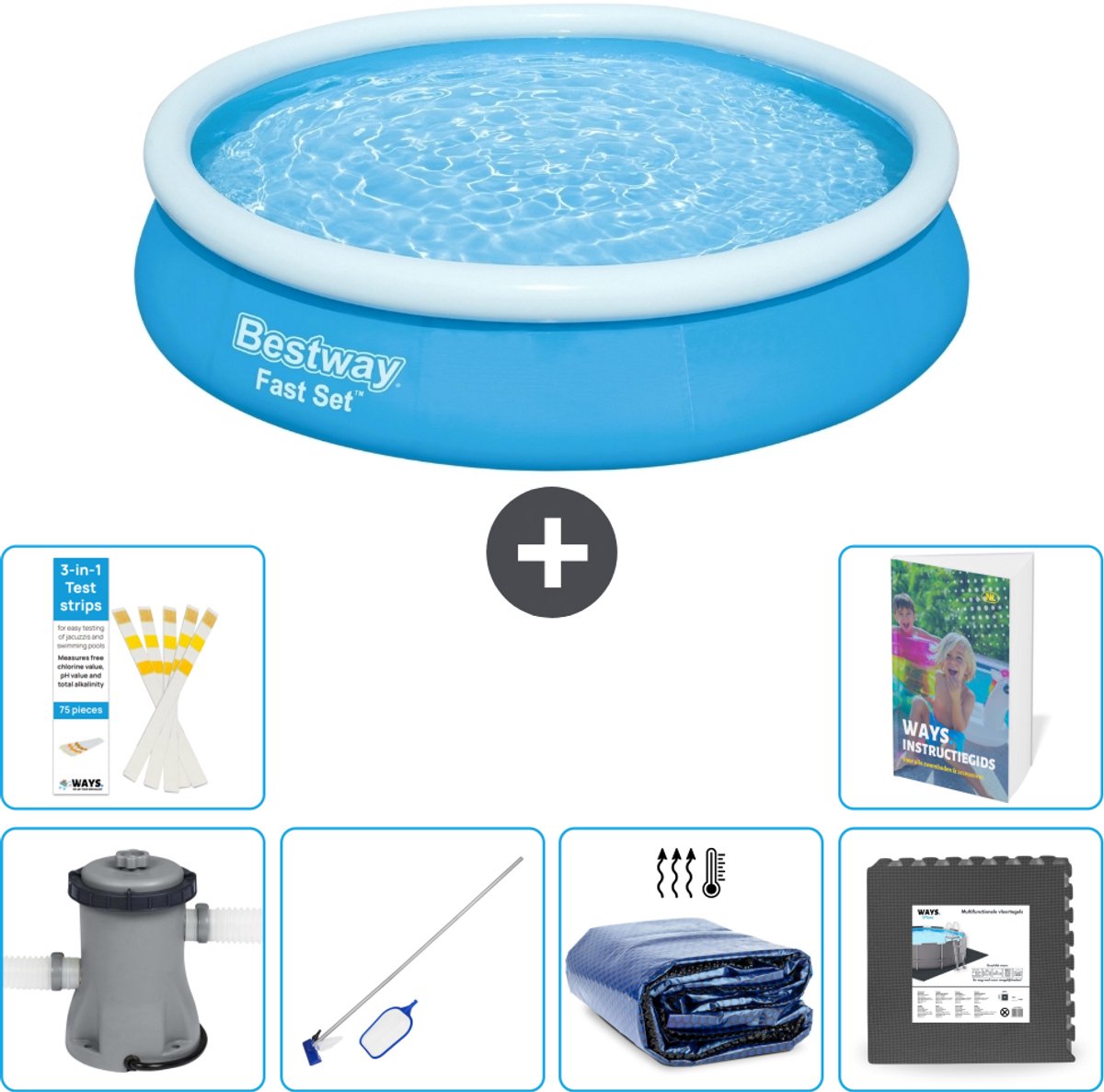 Bestway Rond Opblaasbaar Fast Set Zwembad - 366 x 76 cm - Blauw - Inclusief Pomp - Schoonmaakset - Solarzeil - Vloertegels - 7-delig