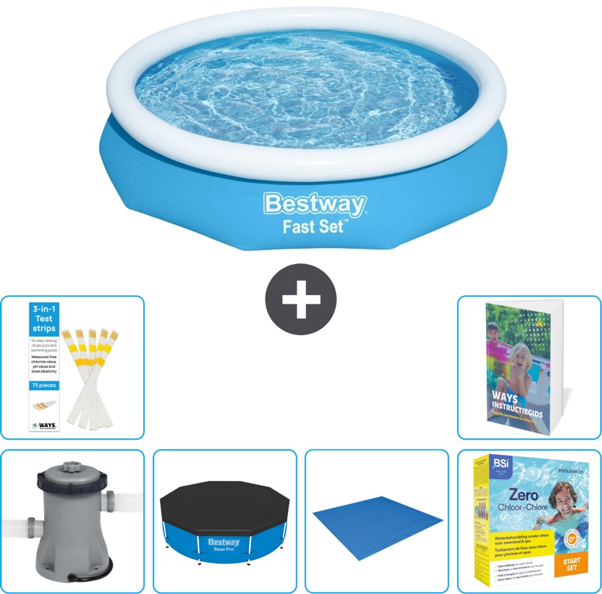 Bestway Rond Opblaasbaar Fast Set Zwembad - 305 x 66 cm - Blauw - Inclusief Pomp - Afdekzeil - Grondzeil - Onderhoudspakket - 7-delig