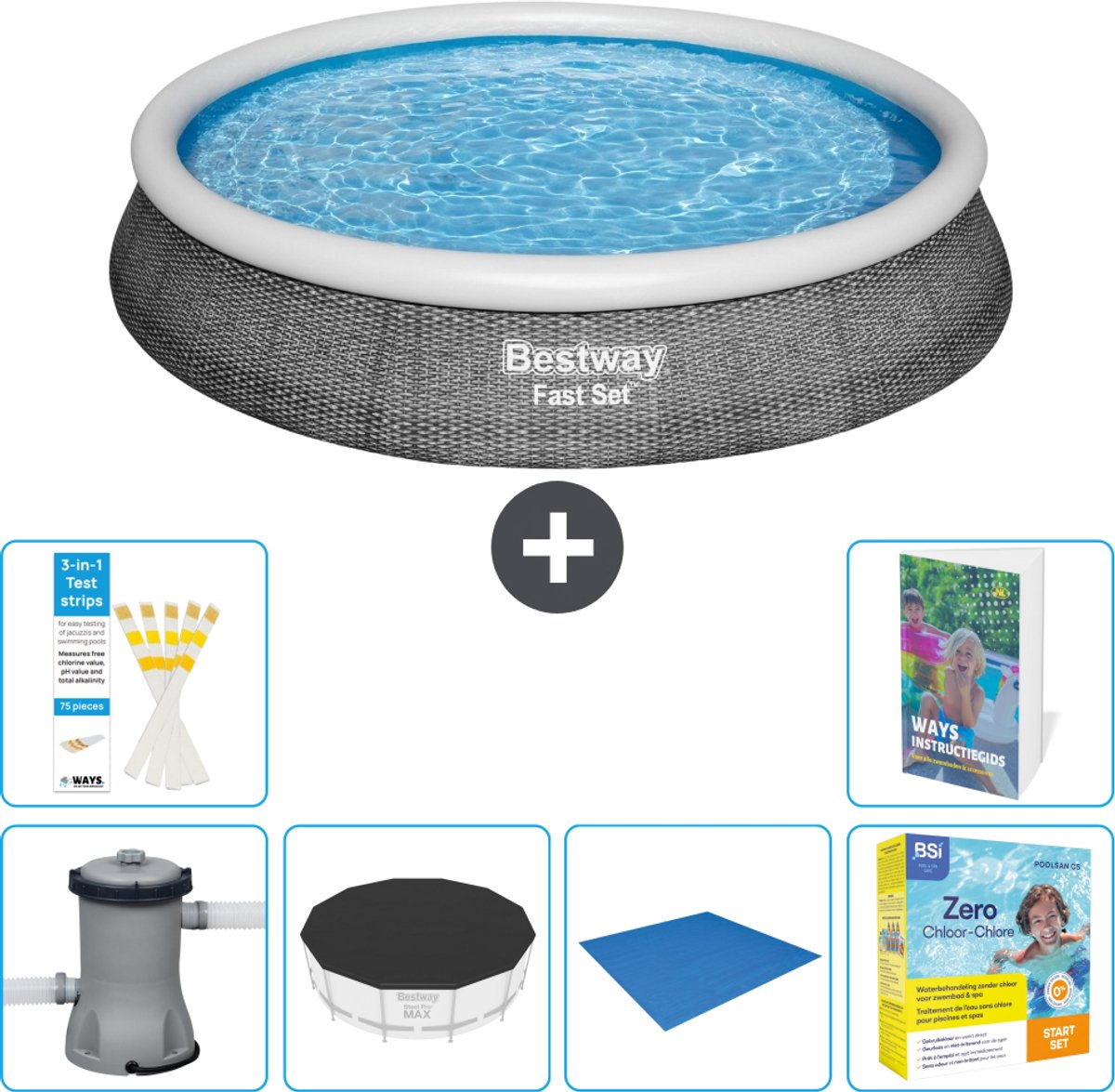 Bestway Rond Opblaasbaar Fast Set Zwembad - Rotanprint - 396 x 84 cm - Inclusief Pomp - Afdekzeil - Grondzeil - Onderhoudspakket - 7-delig
