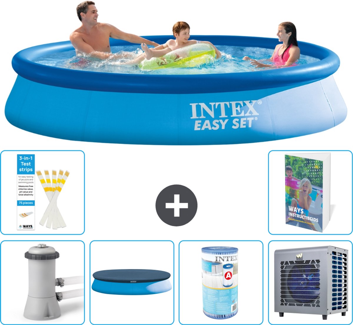 Intex Rond Opblaasbaar Easy Set Zwembad - 366 x 76 cm - Blauw - Inclusief Pomp - Afdekzeil - Filter - Warmtepomp - 7-delig