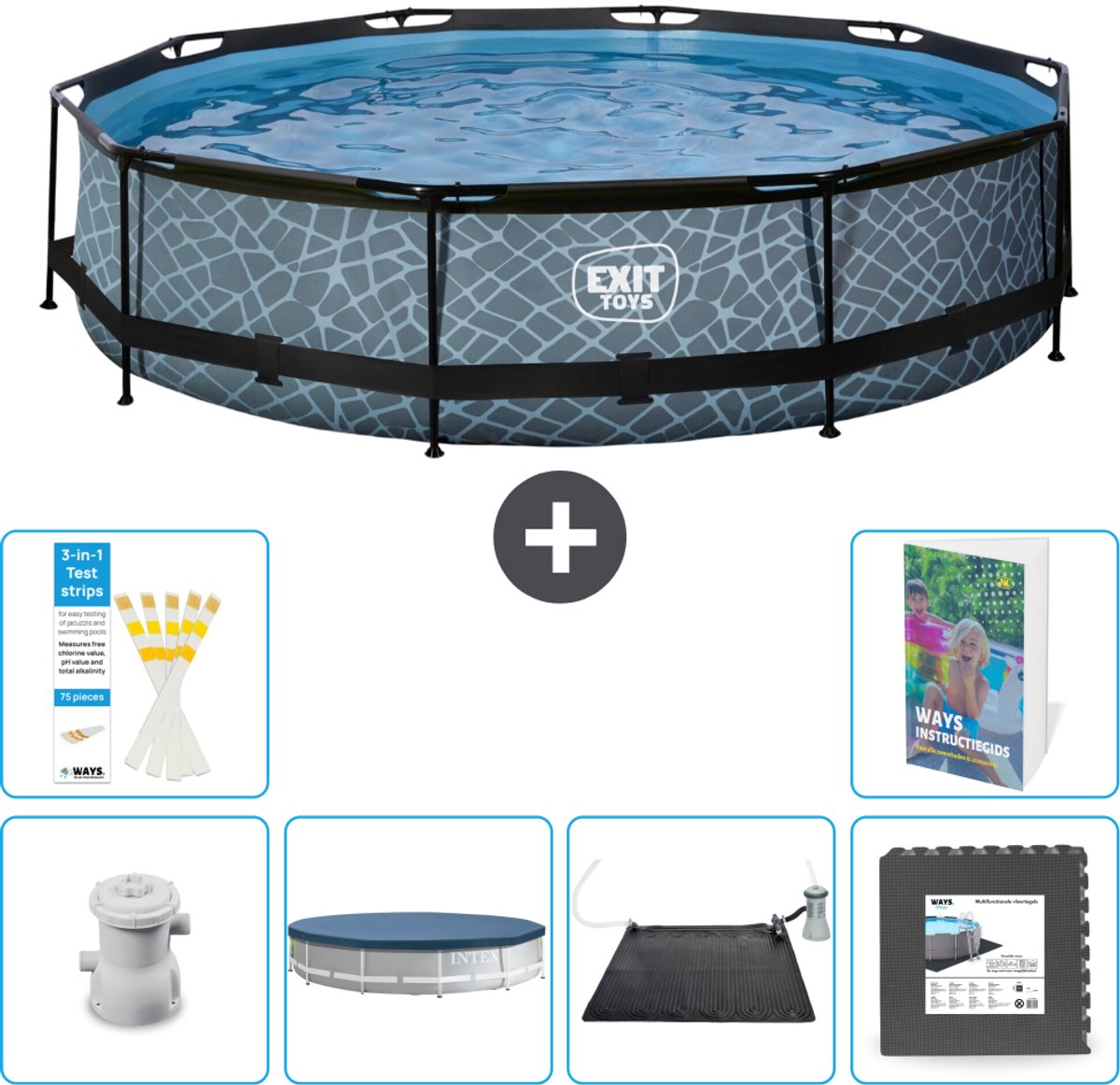 EXIT Rond Stone Frame Zwembad - 360 x 76 cm - Inclusief Pomp - Afdekzeil - Solar Mat - Vloertegels - 7-delig