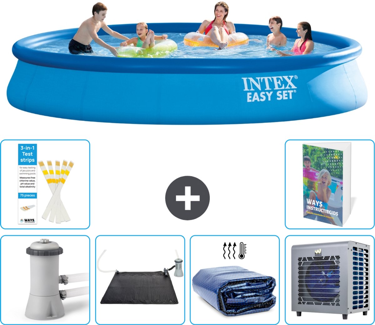 Intex Rond Opblaasbaar Easy Set Zwembad - 457 x 84 cm - Blauw - Inclusief Pomp - Solar Mat - Solarzeil - Warmtepomp - 7-delig