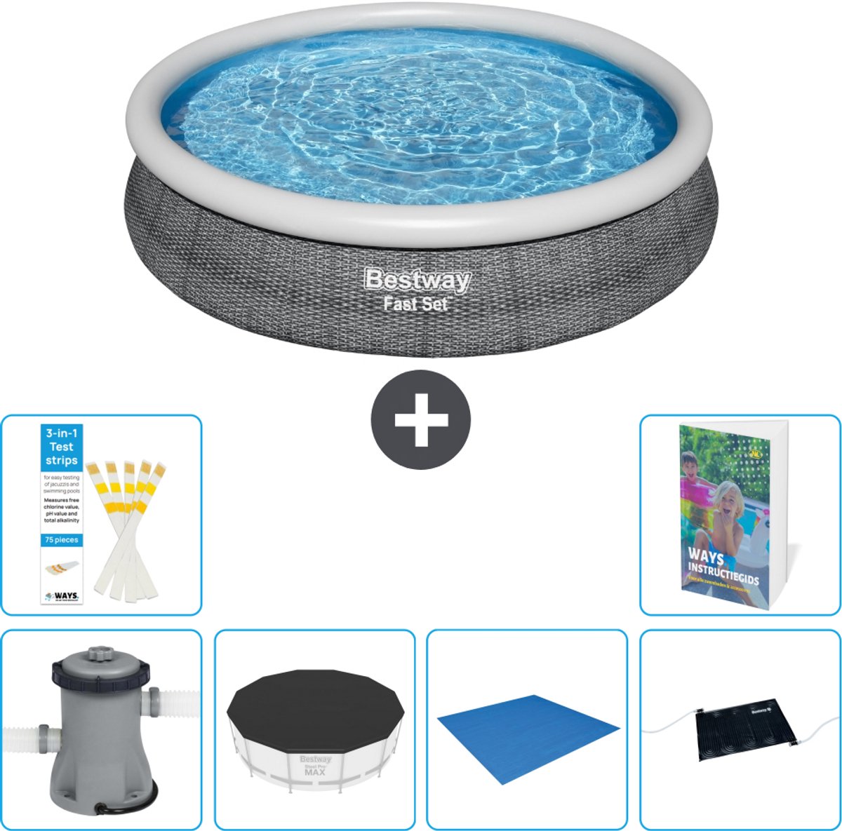 Bestway Rond Opblaasbaar Fast Set Zwembad - Rotanprint - 366 x 76 cm - Inclusief Pomp - Afdekzeil - Grondzeil - Solar Mat - 7-delig