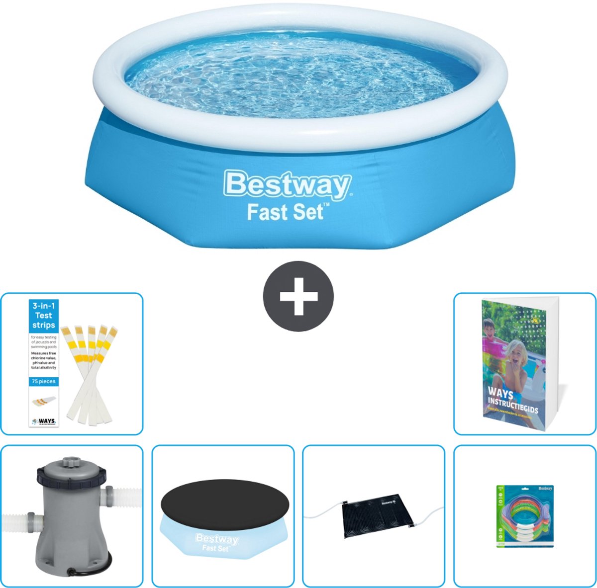 Bestway Rond Opblaasbaar Fast Set Zwembad - 244 x 61 cm - Blauw - Inclusief Pomp - Afdekzeil - Solar Mat - Speelgoed - 7-delig