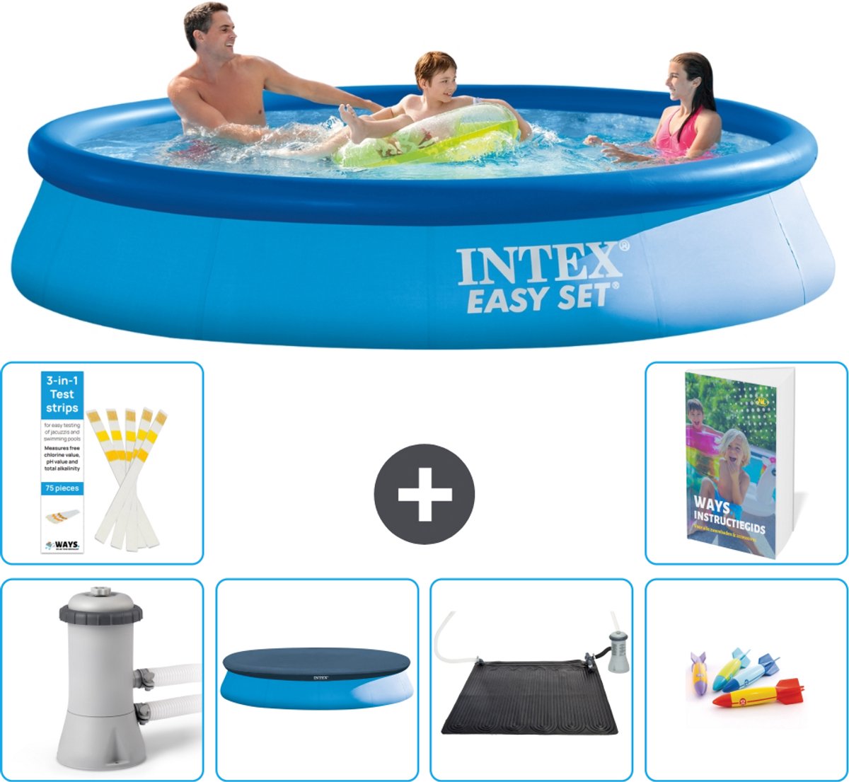 Intex Rond Opblaasbaar Easy Set Zwembad - 366 x 76 cm - Blauw - Inclusief Pomp - Afdekzeil - Solar Mat - Speelgoed - 7-delig
