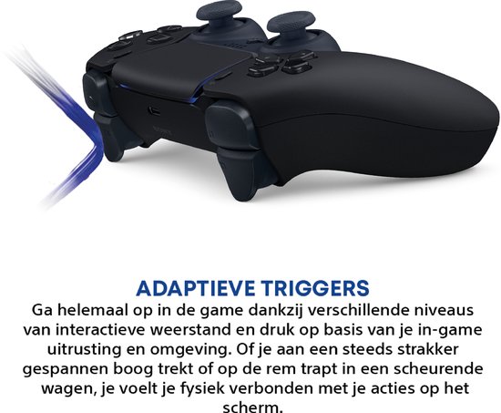 Zwarte Sony PS5 DualSense controller met blauwe lijnen die erop wijzen.