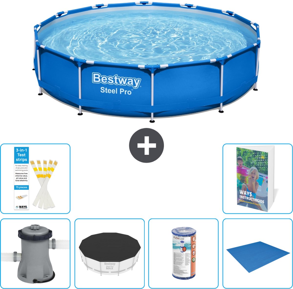 Bestway Rond Steel Pro Zwembad - 366 x 76 cm - Blauw - Inclusief Pomp - Afdekzeil - Filter - Grondzeil - 7-delig