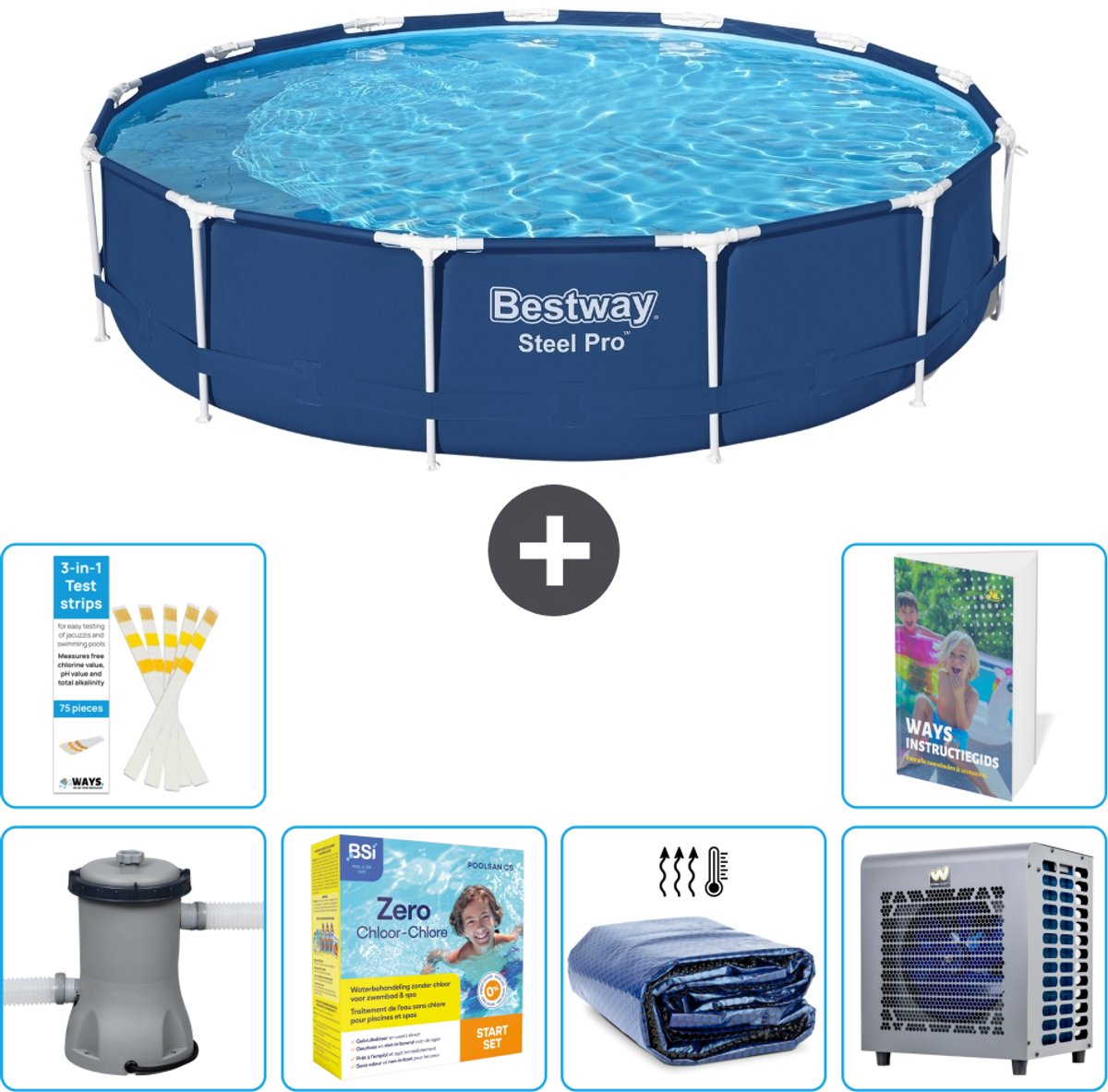 Bestway Rond Steel Pro Zwembad - 396 x 84 cm - Blauw - Inclusief Pomp - Onderhoudspakket - Solarzeil - Warmtepomp - 7-delig