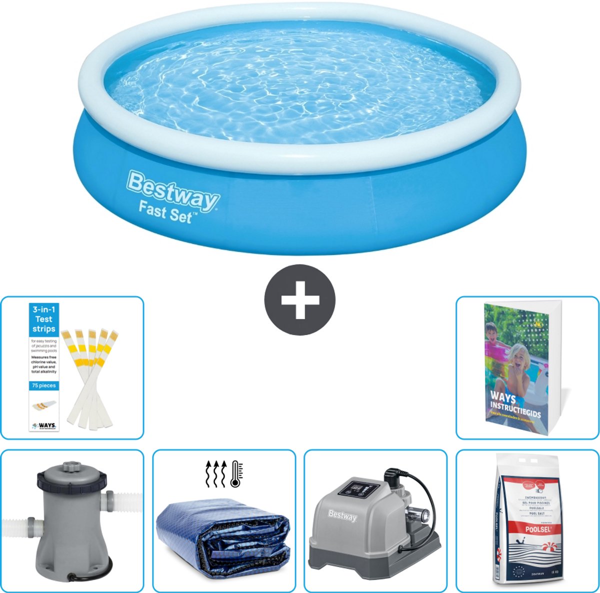 Bestway Rond Opblaasbaar Fast Set Zwembad - 366 x 76 cm - Blauw - Inclusief Pomp - Solarzeil - Zoutwatersysteem - Zwembadzout - 7-delig