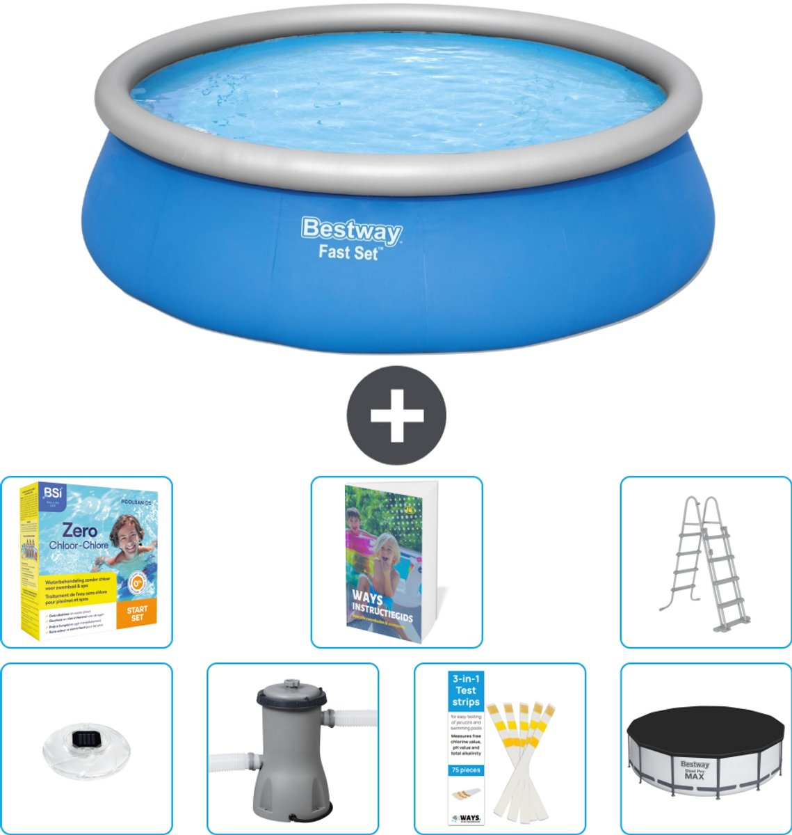Bestway Rond Opblaasbaar Fast Set Zwembad - 457 x 122 cm - Blauw - Inclusief Pomp - Ladder - Afdekzeil - Onderhoudspakket - Verlichting - 8-delig