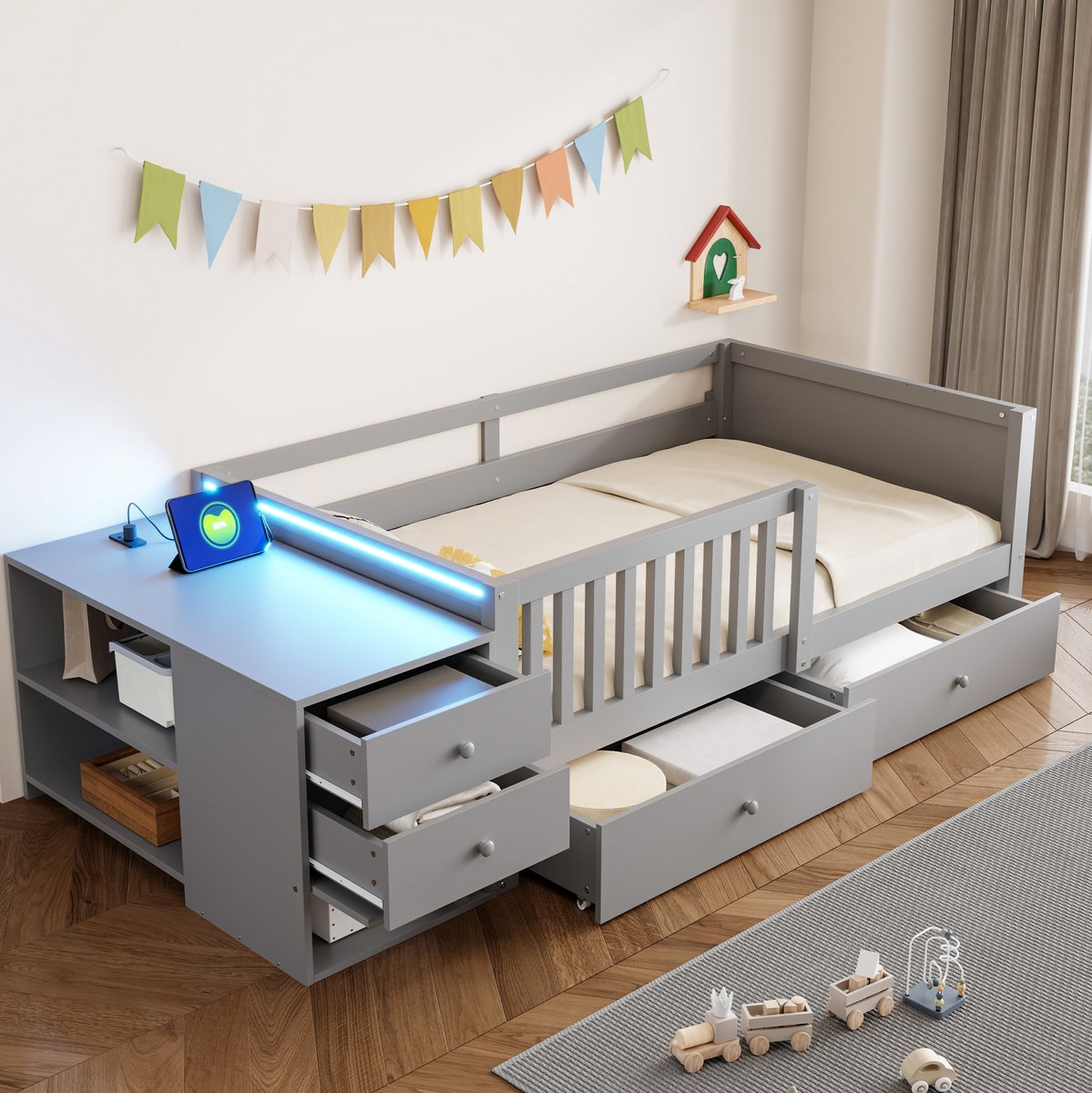 FloraGrace Kinderhoogslaper 90x200 cm - Met Bureau, LED Verlichting En Stopcontact - Met Opbergruimte En Veiligheidsrek - Grijs - Zonder Matras