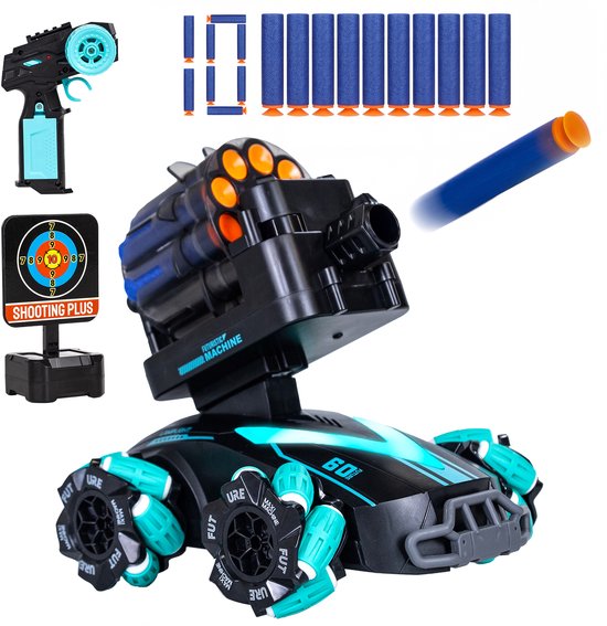 Zwarte RC auto met turquoise wielen en details, een machinegeweer koepel die schiet, een afstandsbediening, een doelschijf en 10 blauwe zachte schuimdarts.