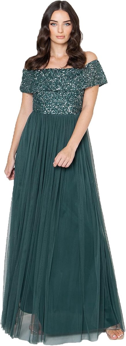 Deluxe Maya Green Lily Bardot Embellished Maxi Dress dames jurk voor bruidsmeisje