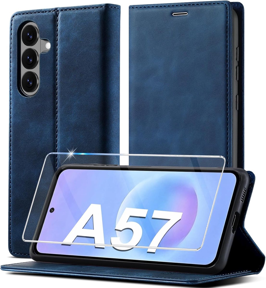 Telefoonhoesje voor Samsung Galaxy A57 5G, van leer, met beschermfolie, klaphoes, lederen materiaal, kaartenvak, RFID-blokkering, portemonnee, klaphoes, klaphoes, beschermhoes Galaxy A57