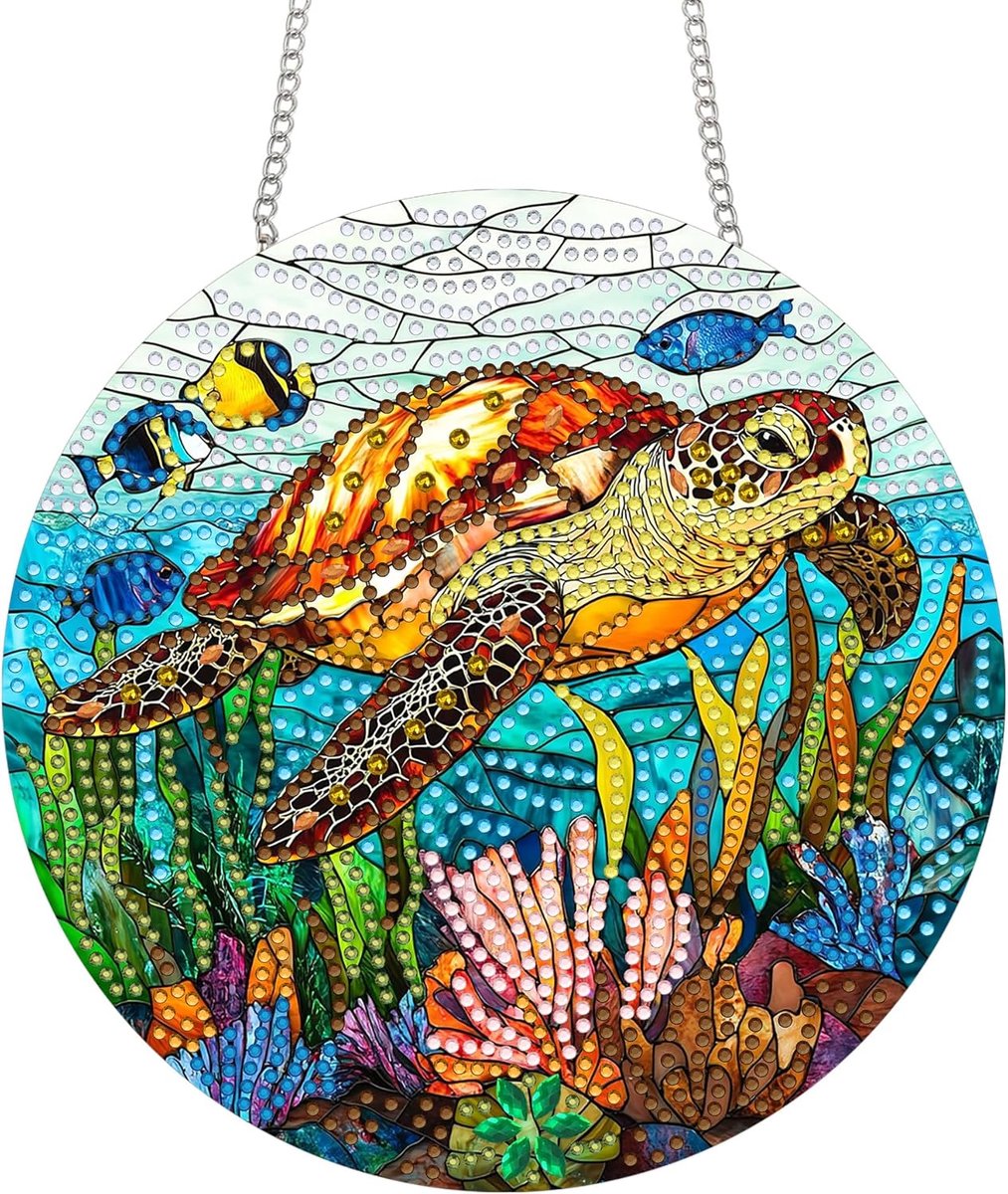 Diamond Painting Hanger Schildpad, Hangende Diamantkunst Diamantschildersets Oceanen, DIY 5D Diamantschilderij Raamhangerdecoratie Voor Huis, Tuin, Deur & Buitenruimte 20x20 Cm