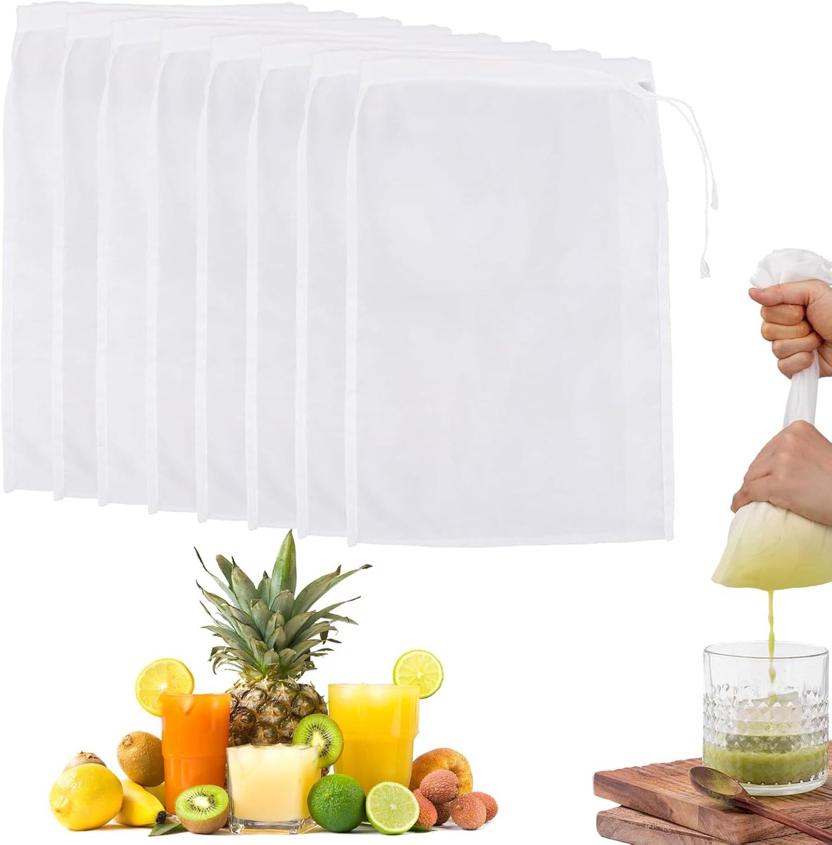 8 stuks herbruikbare nylon notenmelkzakken wasbare zeef 30 x 20 cm filtering van vruchtensap, koffie, thee, yoghurt