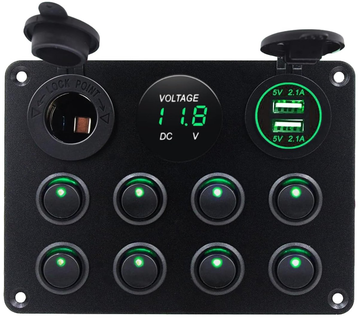 Schakelpaneel met 8 Versnellingen, 12 V/24 V Tuimelschakelpaneel 4,2 A Dubbele USB-oplader + Sigarettenaansteker + IP65 Waterdicht voor Boot, Camper, Caravan, Scheepvaart, Groen