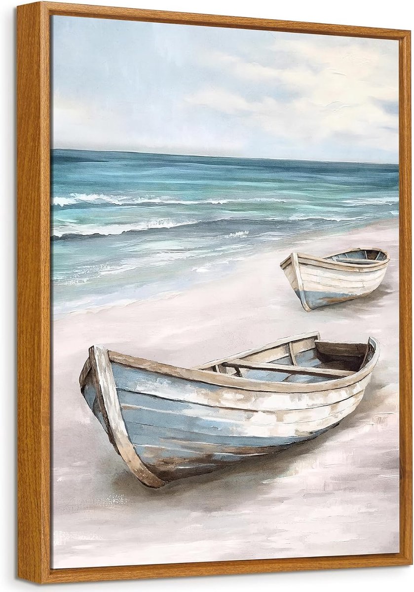 muurkunst ingelijst - Blauwe en witte boot schilderij canvas prints zee strand zandstrand foto's voor woonkamer slaapkamer eetkamer hal wanddecoratie
