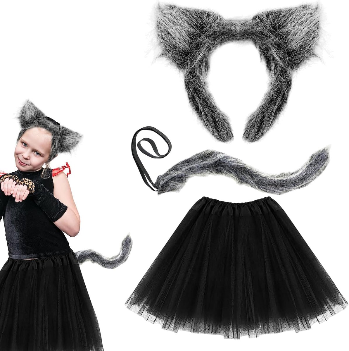 3 stuks accessoires wolf-kostuum voor kinderen, wolf-oren, wolf, staart, rok, tutu kostuum, harige wolf cosplay kostuum weerwolf dierkostuum voor Halloween party cosplay