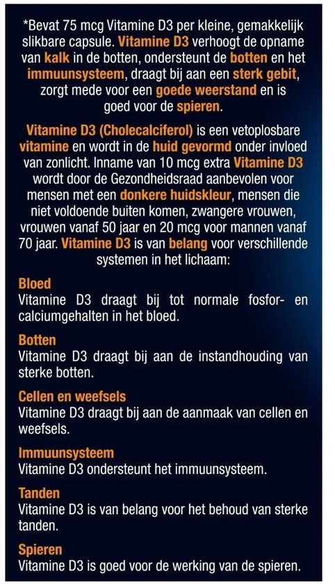 Tekst over de voordelen van Vitamine D3 voor botten, tanden, spieren en immuunsysteem.