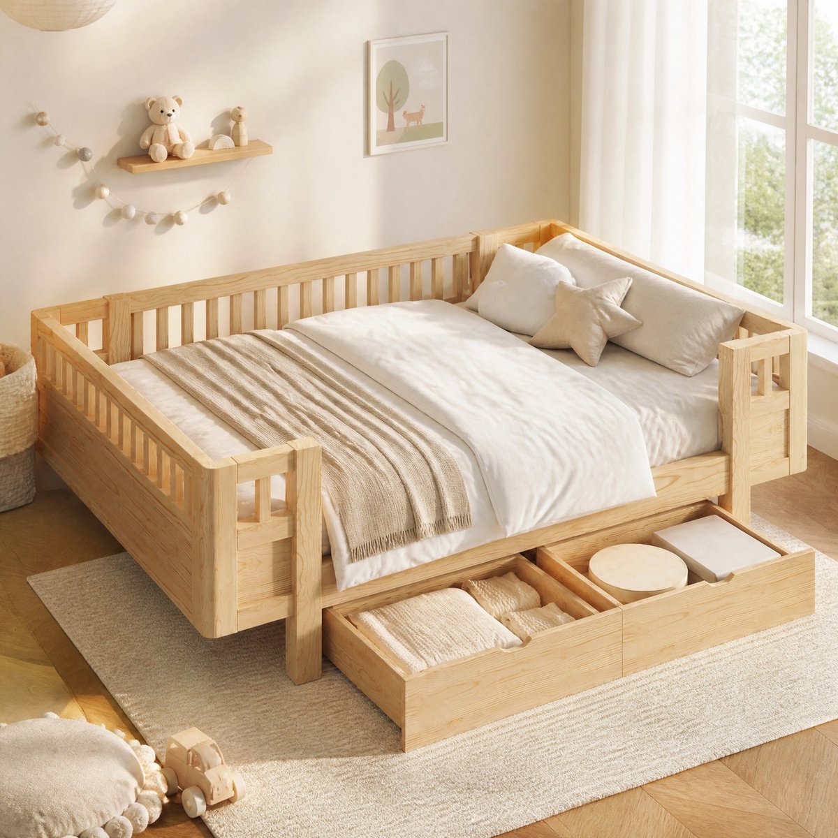MIVRAY Bedframe 140x200 cm Zonder Matras - Kinderbed Met Uitvalbeveiliging En 2 Lades - Voor Kinderkamer En Jeugdkamer - Hout - Houtkleur