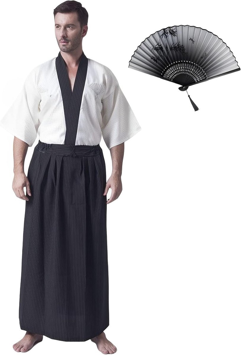 kimono, Yukata, Japanse traditionele samurai-uniform, cosplay-kostuum, Japanse stijl, Haori kleding, jas, top, Hakama rok, set, eenheidsmaat (L)