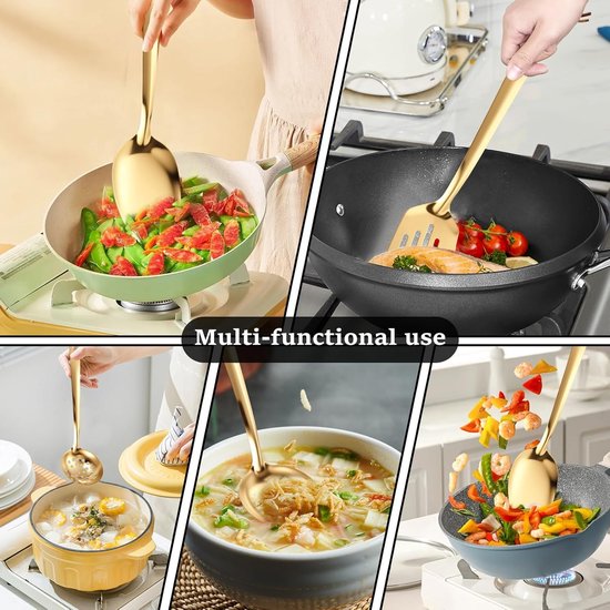 6 stuks roestvrijstalen kookgerei set duurzaam roestvrij keukengerei set met sleufspatel massieve spatel opscheplepel serveerlepel zeef soeplepel kookbestek keukenaccessoires (goud) — afbeelding 5