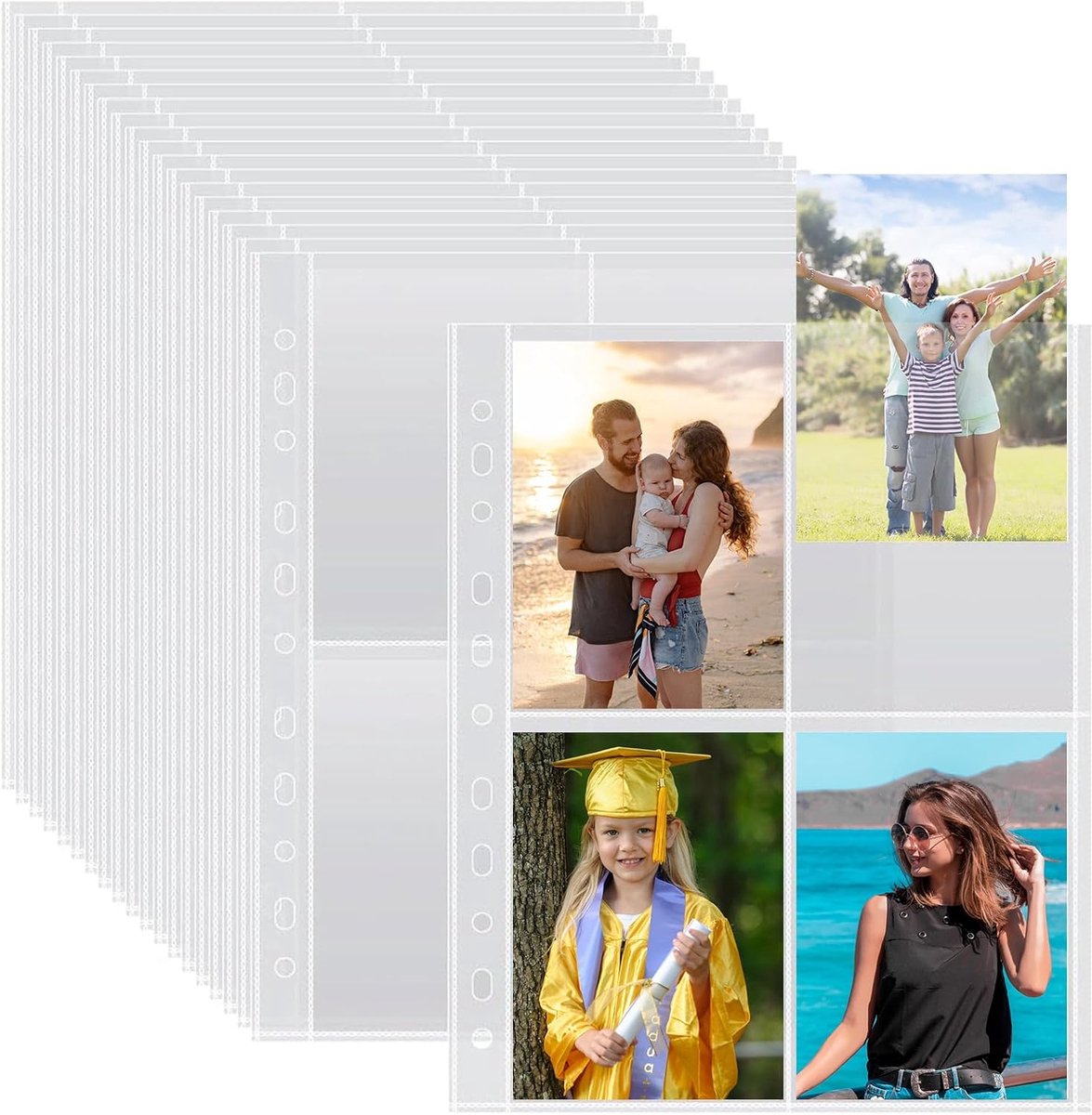 50 stuks A4 fotohoezen met 400 vakken voor 2/3/4-ringmappen, transparante ansichtkaarthoezen met 4 vakken, doorzichtige hoezen A4, top loading navullingen voor fotoalbums (109 x 153 mm).
