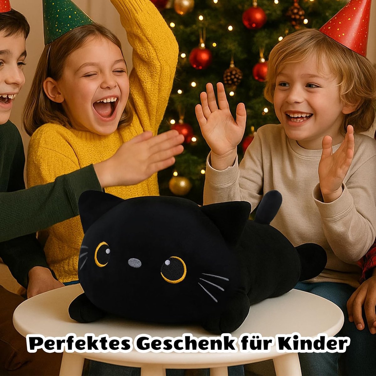 Pluche, schattige zwarte kat knuffeldieren met 4 baby zwarte katjesknuffels in haar buik, zacht gigantisch zwart kattenkussen speelgoedcadeau voor kinderen en volwassenen