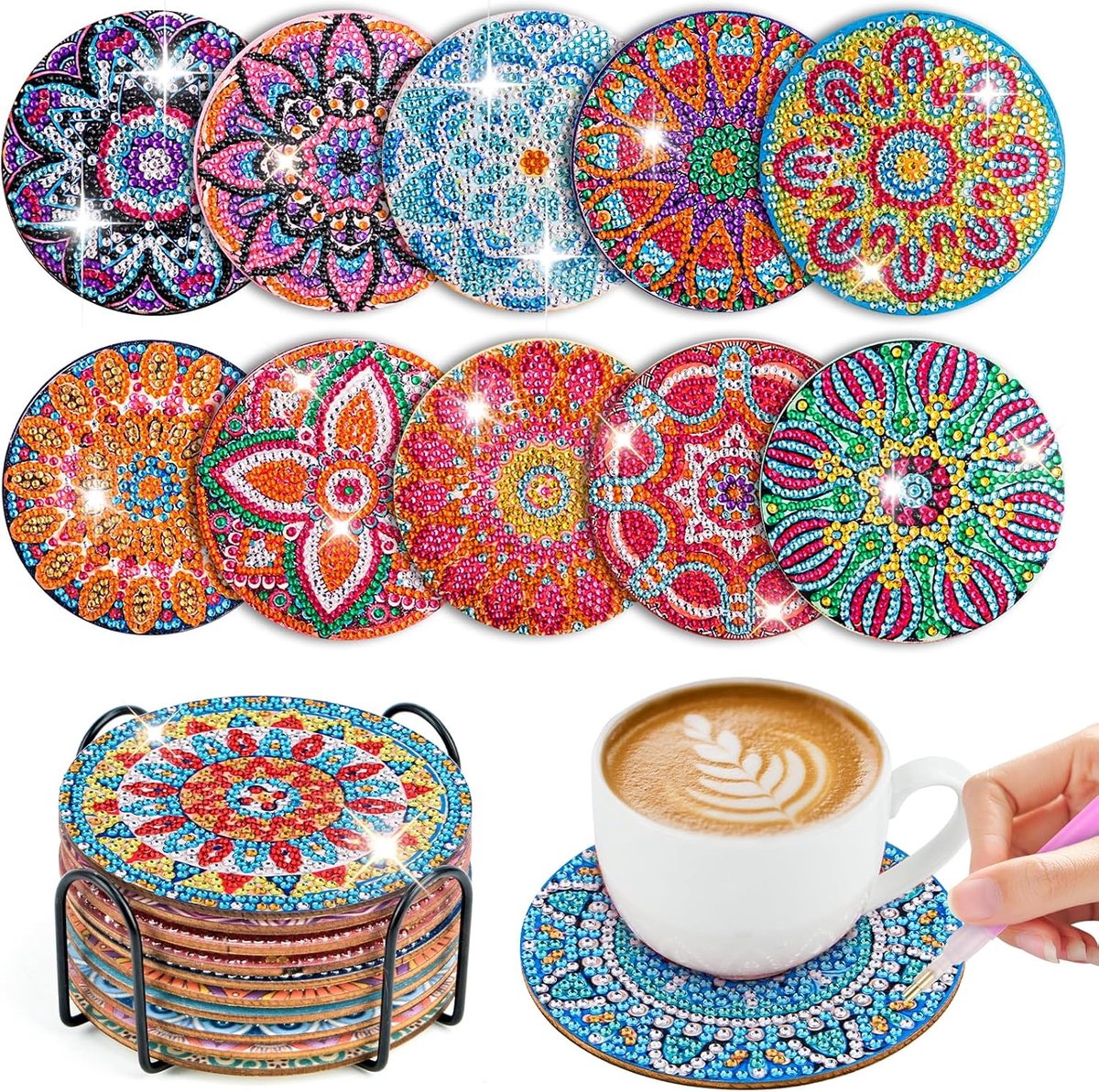 10 diamantkunst onderzetters met houder, diamantkunst voor volwassenen, om te knutselen, 5D diamantschilderij voor kinderen, mandala kunst, antislip, voor beginners, volwassenen en kinderen