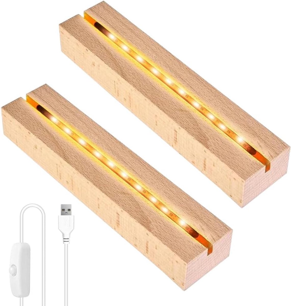 display basis, 2 stuks, houten sokkel, met USB-schakelaar, lichtsokkel, hout, verlichte led-lampen, sokkel, rechthoekige voet, display standaard voor acrylglas, plaat, hars