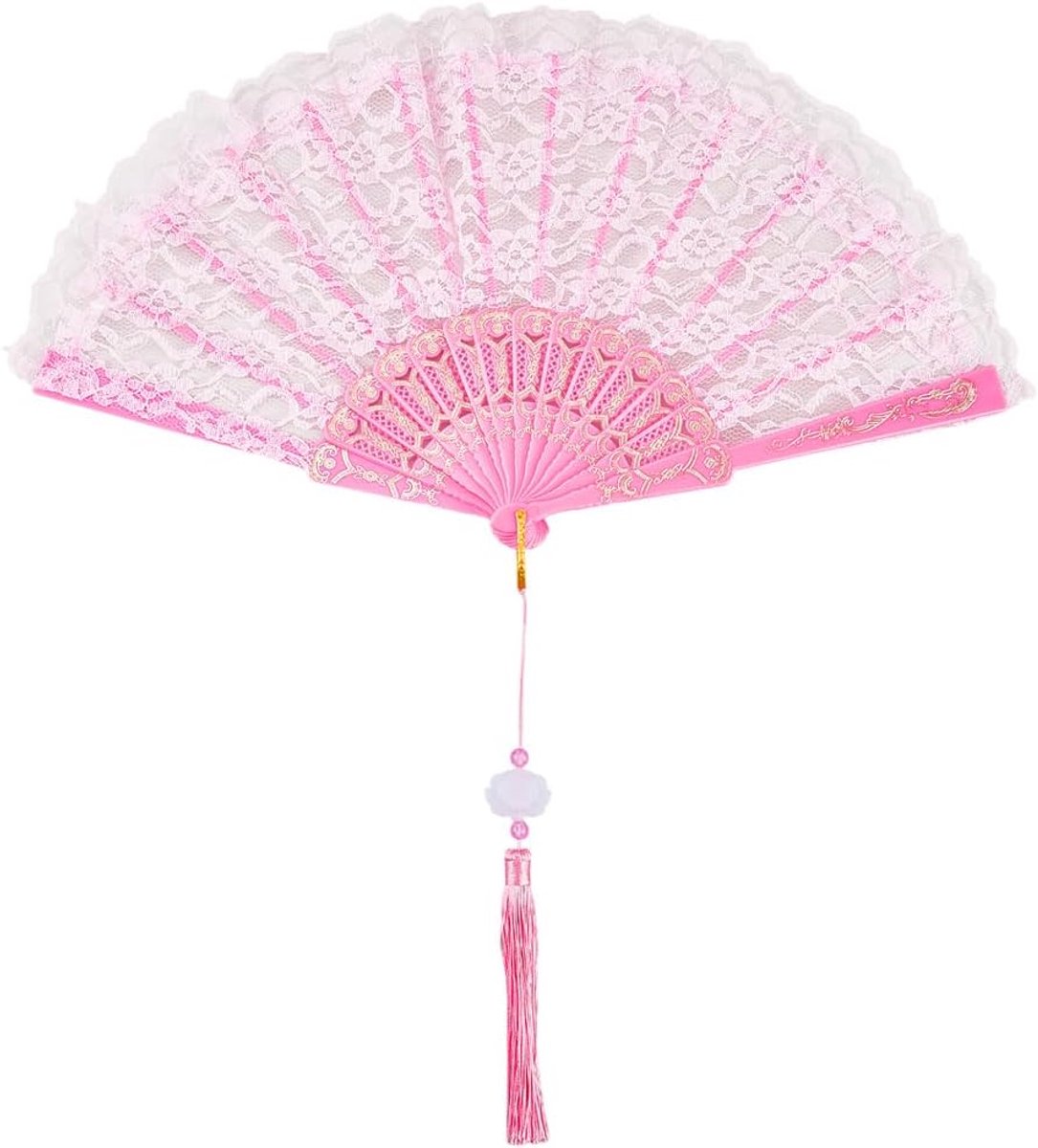 Roze Kant Opvouwbare Waaier Lijn Dans Popping Waaier Lolita Geborduurde Vouwbare Waaier Clack Waar Voor Dansen Prestatie Feest Bruiloft Decor Thee Feest Waaiers Draagbare Koelende