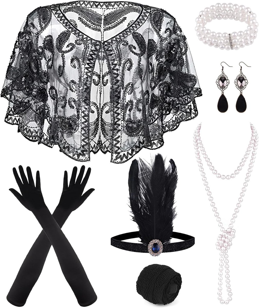 10-delige jaren '20 flapper Great Gatsby accessoireset mode roaring jaren 20 thema set met hoofdband hoofddeksel lange zwarte handschoenen ketting oorbellen voor vrouwen