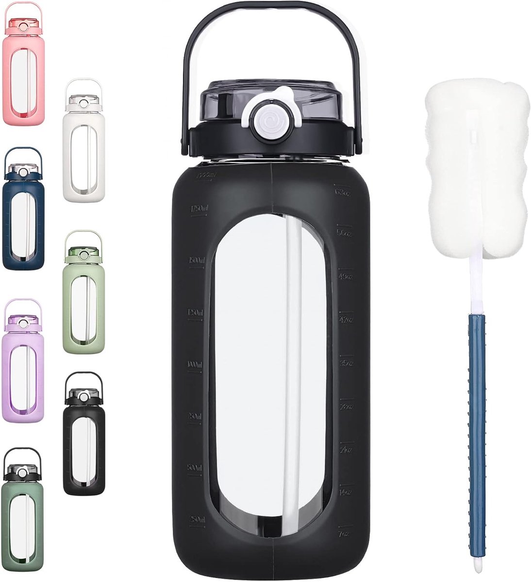 Waterflessen met rietje tijdmarkering, halve gallon, grote grote glazen waterkan met siliconen hoes voor sportschool, sport, training, dagelijks zwart