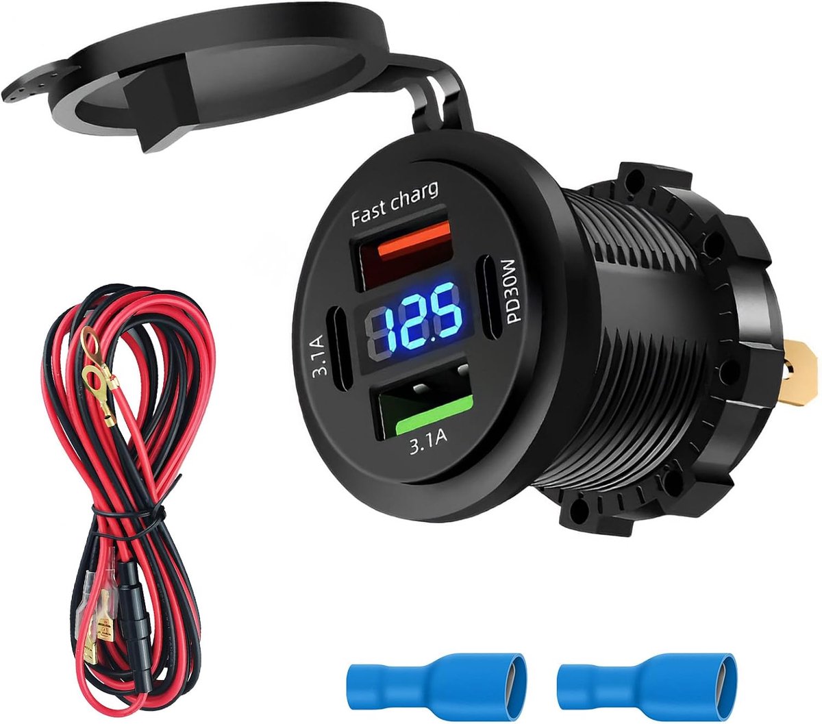 66 W, 12 V, USB-aansluiting, 4 poorten, dubbele PD 3,1 A, 30 W en dubbel snel opladen USB A met led, voltmeter voor auto opladen