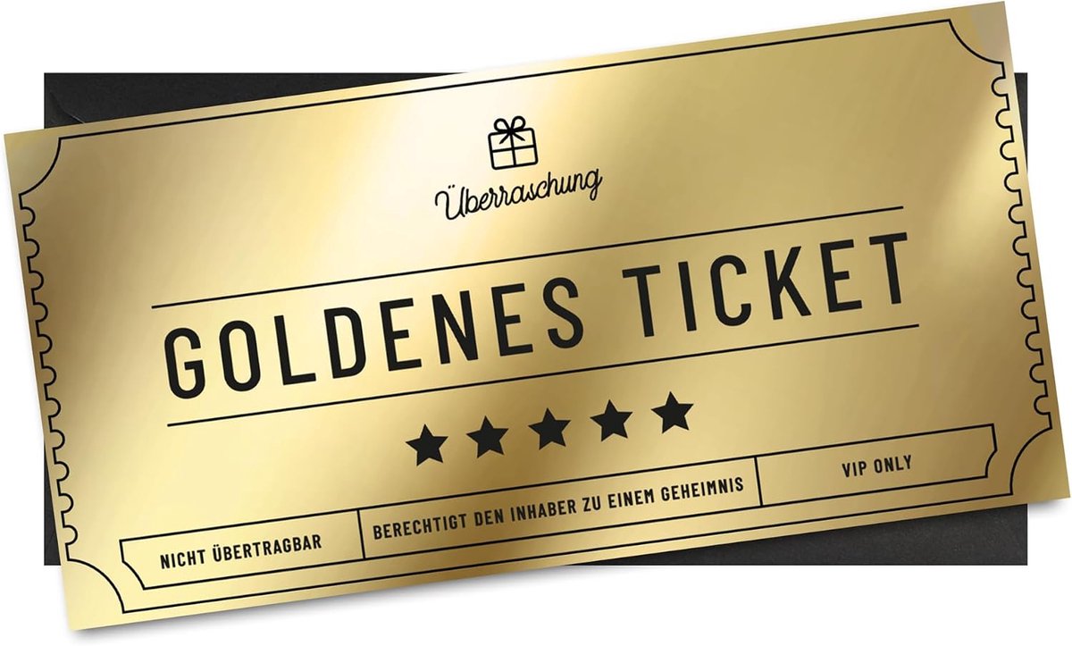 Gouden ticket om zelf te beschrijven, kaart met envelop, ideaal als cadeaubon en cadeau voor verjaardag, Sinterklaas, Kerstmis, collega's, trouwdag, enz.