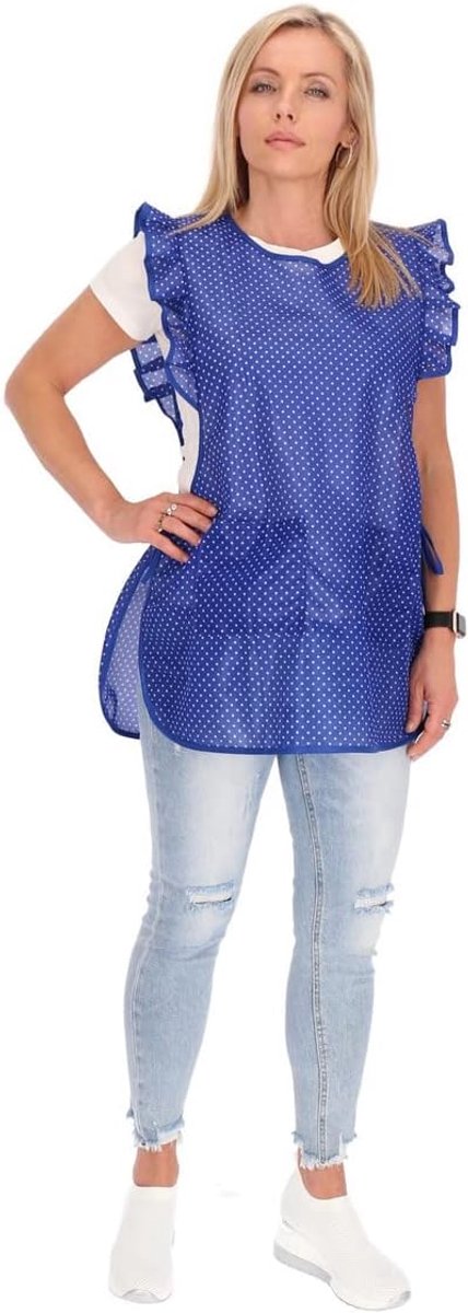 Kasack Gooi Schort Dederon Nylon Nostalgie Ruche Punten, Blauw met witte stippen, XL